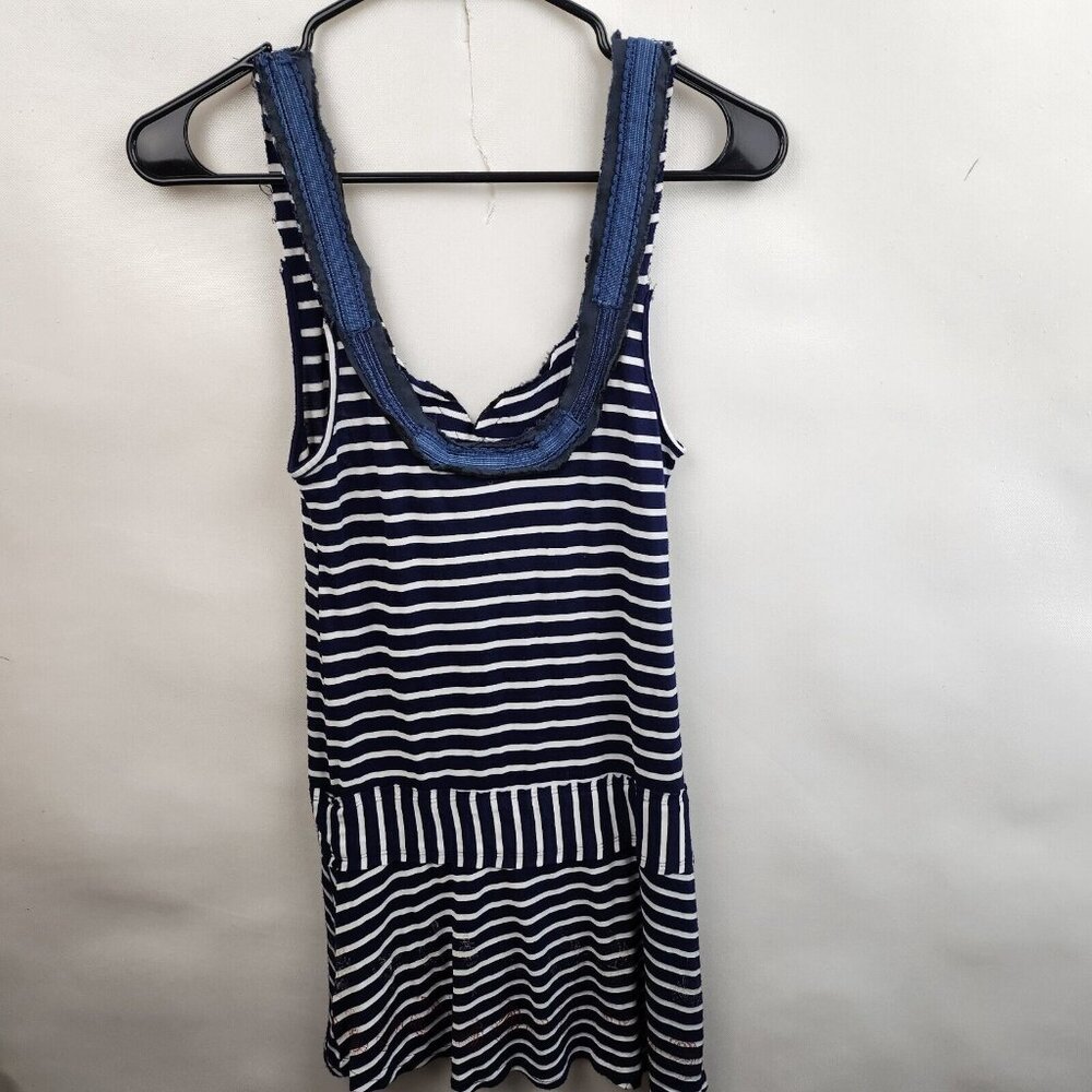 Vintage Free People Womens BOHO Tank Top XS Blue White Embroidered Striped - Picture 9 of 9